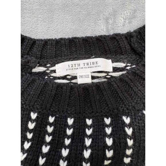 12th Tribe Black Tassel Round Neck Distressed Knit Sweater One Size - Picture 4 of 7